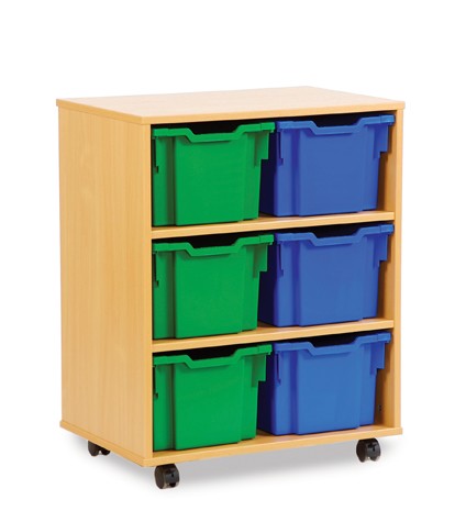 6 Tray Extra Deep Storage Unit with two plastic trays on three shelves in beech carcass. Unit is on castors. Trays are blue and green