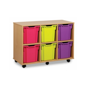 6 Tray Jumbo Horizontal Storage on lockable castors with 2 red, 2 yellow and 2 purple plastic storage trays
