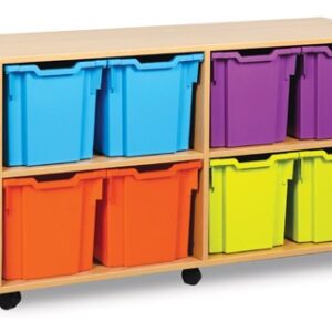 8 Tray Jumbo Storage Unit with two rows of four plastic multi coloured jumbo storage trays