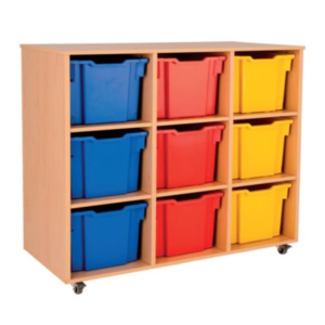 9 Tray Jumbo Storage Unit with 3 blue, 3 red and 3 yellow jumbo plastic storage trays. The unit is on castors