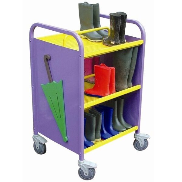 Colourful mobile outdoor welly rack with umbrella motif on one side. With castors