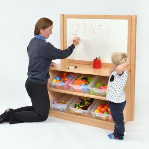 Teacher and child using Room Scene Angled Classroom Tidy with Drywipe Board