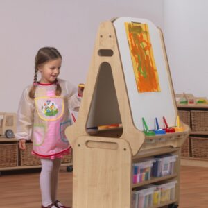 Double sided easel with storage trolley.