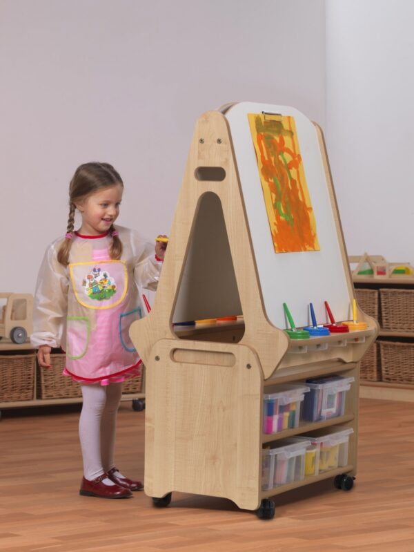 Double sided easel with storage trolley.