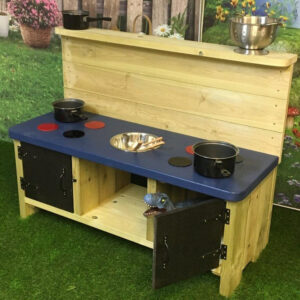 Buckingham Deluxe Mud Kitchen wooden mud kitchen with blue counter top, two hobs, two cupboards and mixing bowl