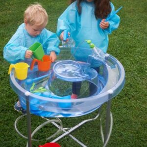 Twp children playing at a clear Circular Sand and Water Tray with silver stand