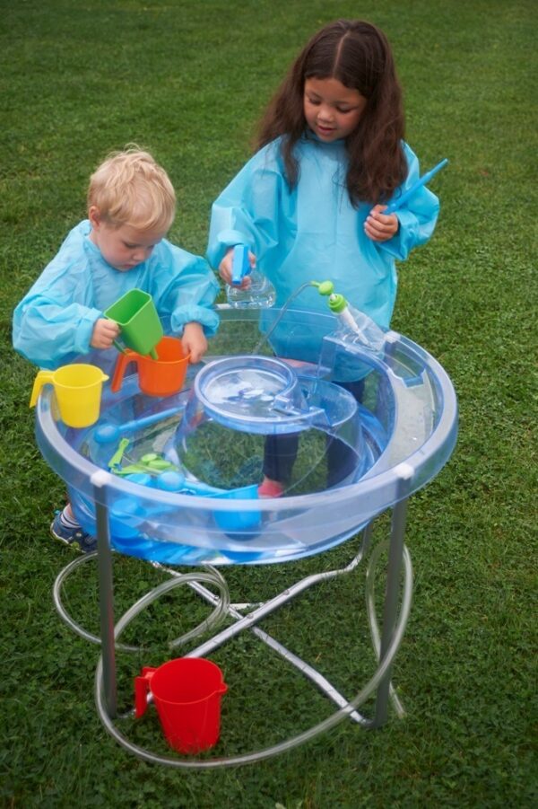 Twp children playing at a clear Circular Sand and Water Tray with silver stand