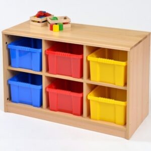 Room Scene Classroom Storage Unit with 6 colourful plastic trays in 6 bays with solid beech top on unit