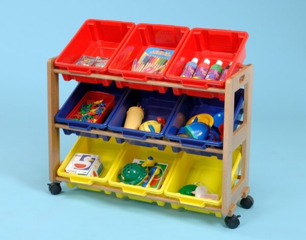 Single Sided Classroom Tidy - 9 Trays Beech frame, four castors and colourful tubs for storage