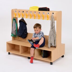Early Years Cloakroom Unit with storage below and hooks above a seating bench