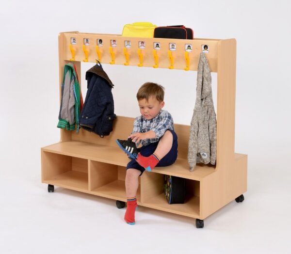 Early Years Cloakroom Unit with storage below and hooks above a seating bench