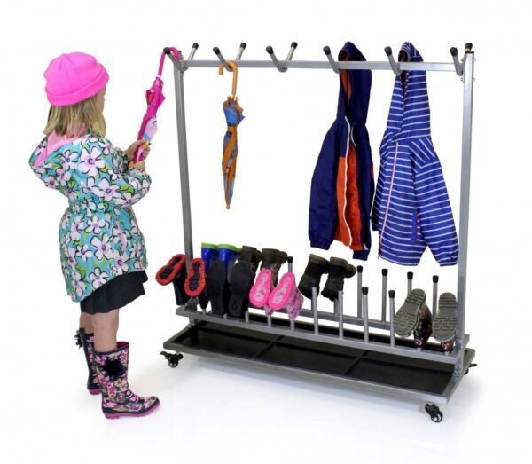 Primary child hanging umbrella on mobile coat and wellington boot storage rack