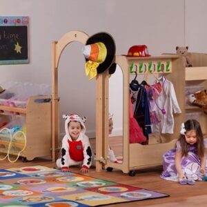 Mini Dressing up zone with archway, plastic tub storage unit, mobile hanging unit with hooks, under storage and shelves