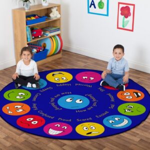 Children sitting on an Emotions Circular Carpet 2m featuring circles depicting different emotions