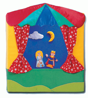 table top theatre made from foam and covered in a colourful fabric