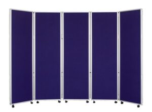 Concertina Room Divider - H1500mm in dark blue fabric. 5 panels with silver frames on 2 castors per panel