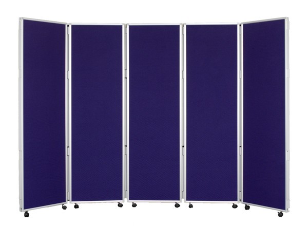 Concertina Room Divider - H1500mm in dark blue fabric. 5 panels with silver frames on 2 castors per panel