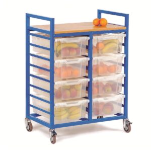 Mobile fruit trolley with 8 clear trays and wooden top for cutting fruit.