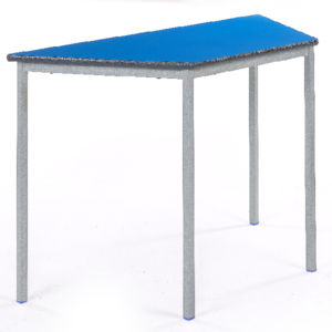 Fully welded trapezoidal classroom table with light grey metal frame and blue top
