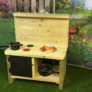 Kensington Wooden Mud Kitchen with four ring "hob", mixing bowl and cupboard with storage