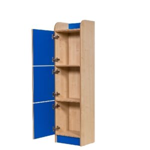 Kubbyclass Locker with three doors shown in blue. Has two internal shelves to make three storage areas.