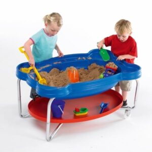 La Palma Sand Tray shown with lid below holding toys. Displayed on height adjustable stand.