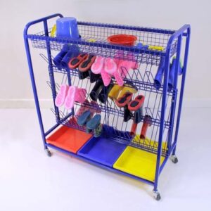 Blue metal rack for holding 36 pairs of children's wellington boots. Three trays underneath in red, blue and yellow and a shallow rack at the top for accessories
