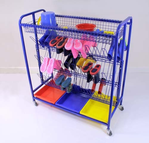 Blue metal rack for holding 36 pairs of children's wellington boots. Three trays underneath in red, blue and yellow and a shallow rack at the top for accessories
