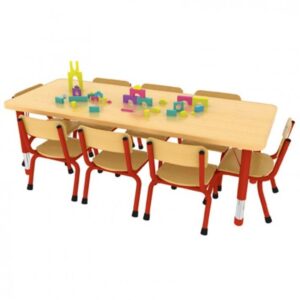 Milan Rectangular Table - 1500 x 600mm with 8 chairs. All with red legs