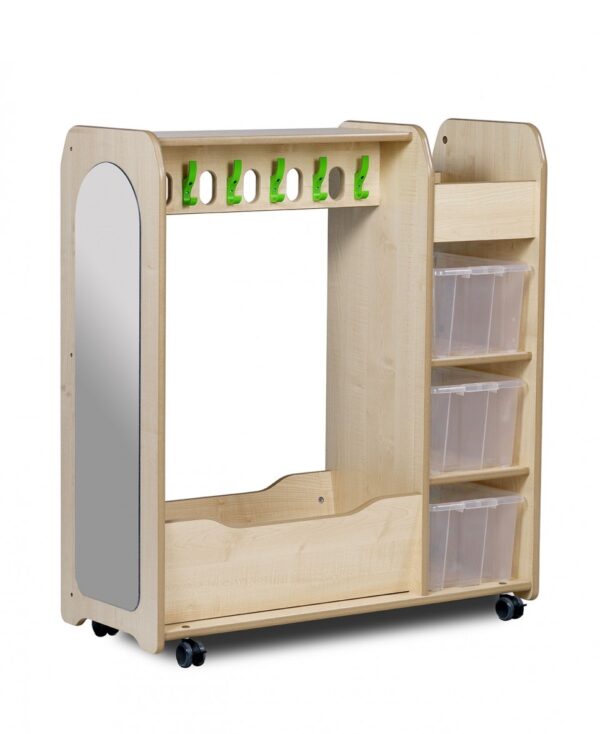 Mobile dressing ups unit with mirror, hooks and removable tubs.
