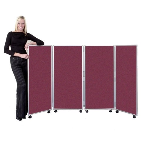 Lady standing next to a Concertina Room Divider - H1200mm in burgundy with 4 panels