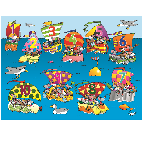 Colourful classroom playmat featuring images of mice in boats numbered from 1-10 racing each other. Boats are made from everyday objects like shoes and tea cups
