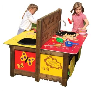 Double sided mud kitchen with two children playing. Bright and colourful with play sink, hob, oven and washing machine