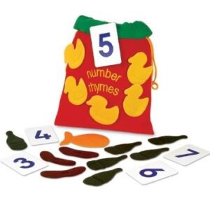 Red Number Rhymes Bag containing props of 5 ducks, 10 sausages, one fish, 10 large numbers and rhyme sheet