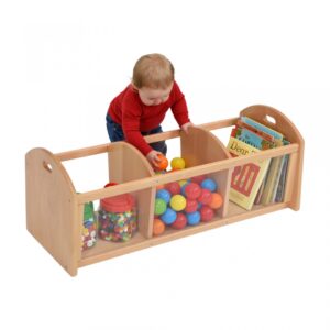 Wooden nursery storage unit with three sections and clear perspex sides