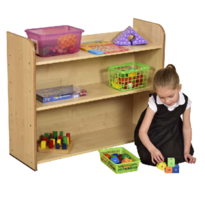 Child playing in front of a Maple Three Shelf Bookcase