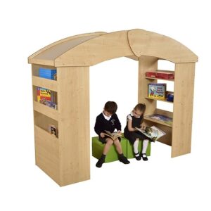 Children sitting under a maple reading house which has shelves, desks and book storage