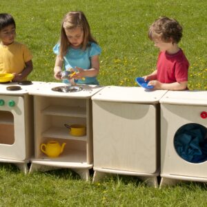 Outdoor Wooden Play Kitchen with cooker, shelves and sink, fridge and washing machine