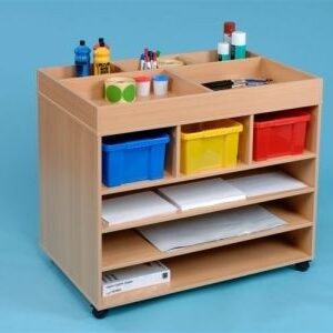 Beech paper/art storage trolley with four shelves and divided space on the top of the unit for classroom art resource storage