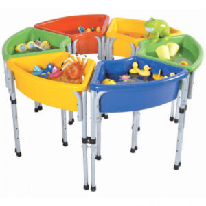 Colourful sand and water play tubs for nursery group activites involving sand and water