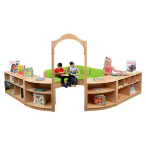 Room Scene Set 30 classroom furniture in beech. Two corner shelves, two shelf storage units, entry arch and corner seating set