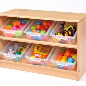 Room Scene Angled Tidy Store with 6 plastic baskets on two tilted shelves