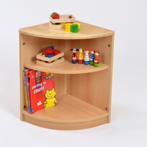Room Scenes Shelves in beech MFC and solid beech top. Two shelves with a 90 degree curve for classrooms or nursery