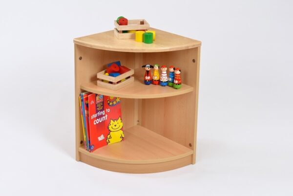 Room Scenes Shelves in beech MFC and solid beech top. Two shelves with a 90 degree curve for classrooms or nursery