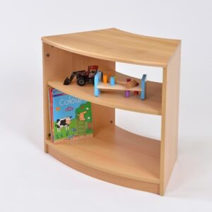 A set of wooden curved shelves from the Room Scenes Classroom Furniture range with two open curved shelves and a solid beech top