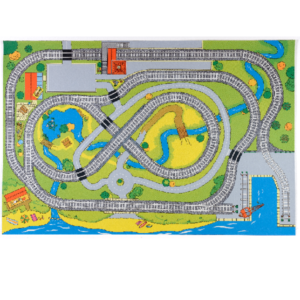 Bright and colourful play mat featuring graphics of a railway track that visits a harbour, river, bridge, crossings and station