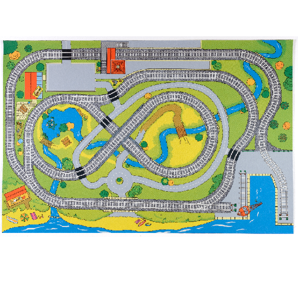 Bright and colourful play mat featuring graphics of a railway track that visits a harbour, river, bridge, crossings and station