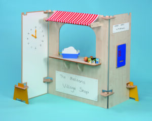Supermarket Stall Play Panels with counter, shelf, dry wipe board, clock and ATM