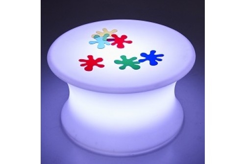 Circular sensory mood table lit up with coloured shapes on top