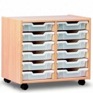 Classroom storage unit with 12 shallow plastic trays in clear. On castors